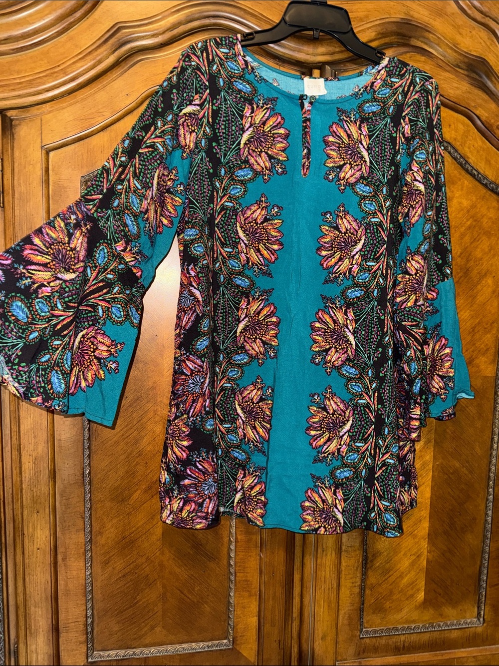 Cupio Teal Floral Bell-Sleeve Tunic